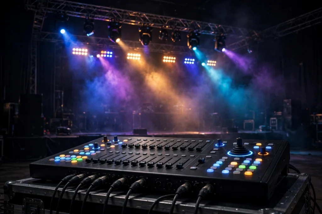 Teknisi mengatur fader DMX controller 192 channel untuk lampu moving head beam di truss panggung