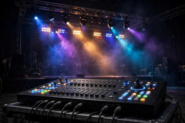 Teknisi mengatur fader DMX controller 192 channel untuk lampu moving head beam di truss panggung